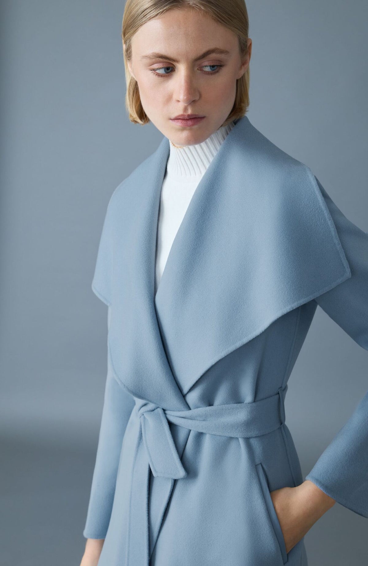 Fog Blue Ladies Belted Light Wool Coat