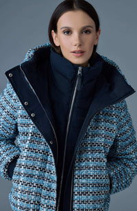 Sky Blue Multi Ladies Hooded Down Coat