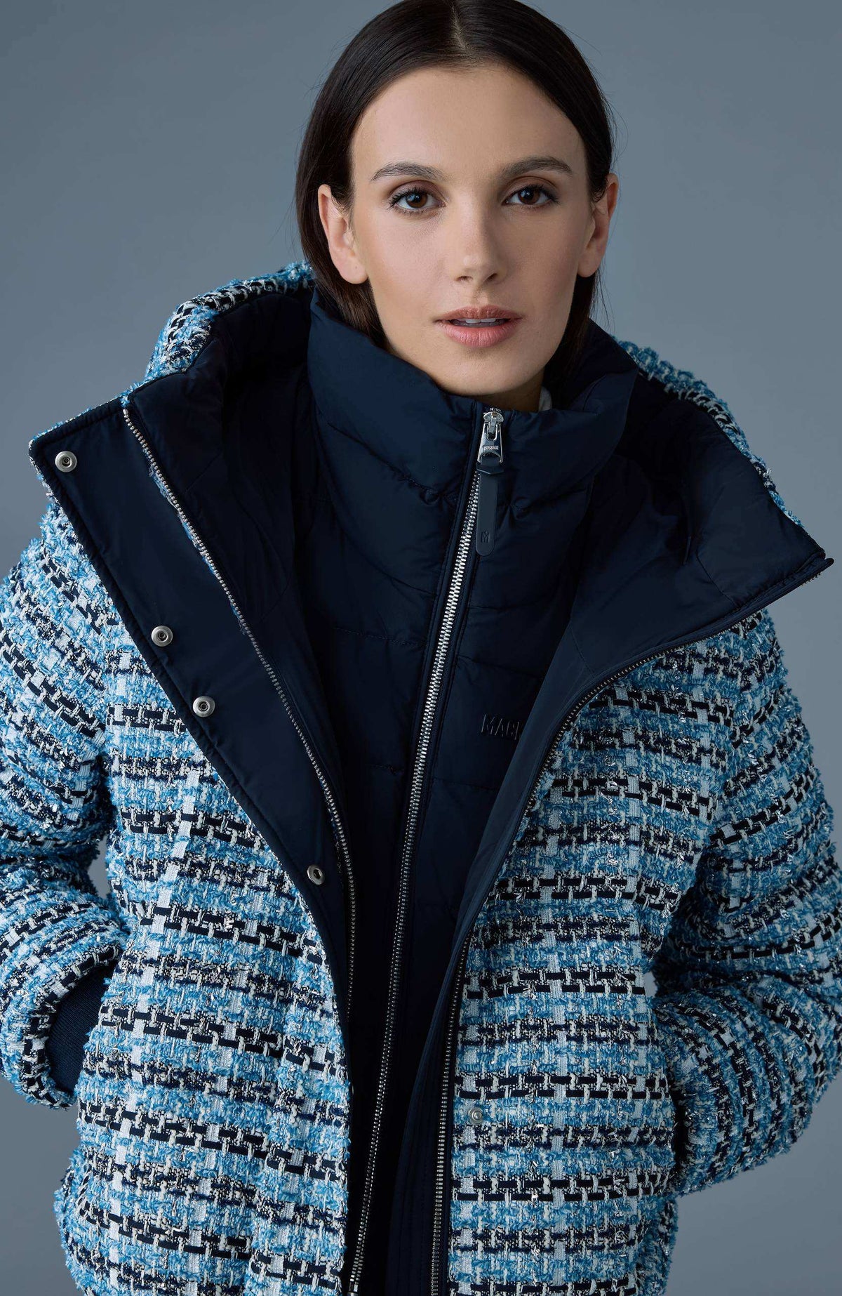 Sky Blue Multi Ladies Hooded Down Coat