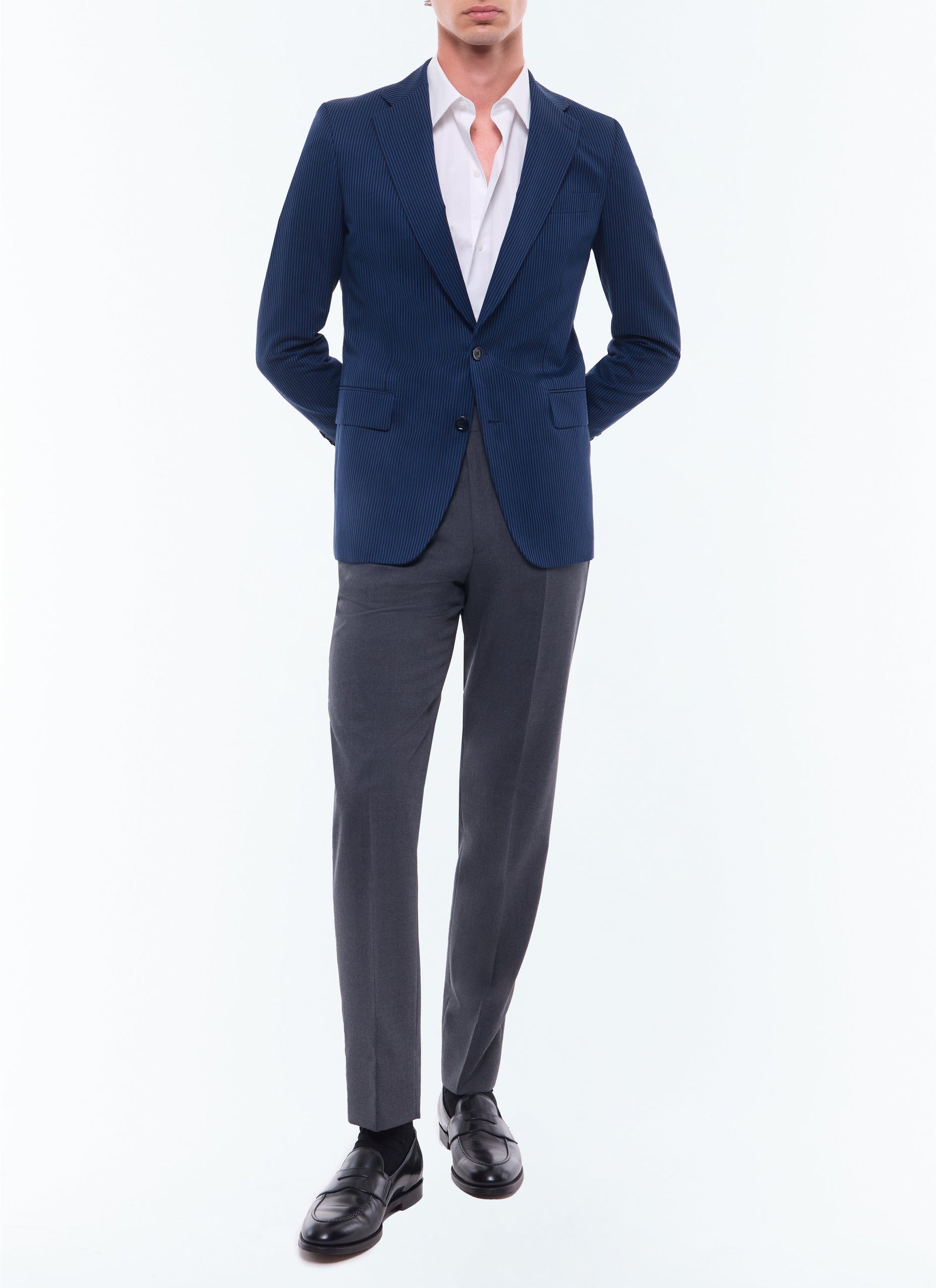 Veste à rayures en coton et lin - Bleu Nuit