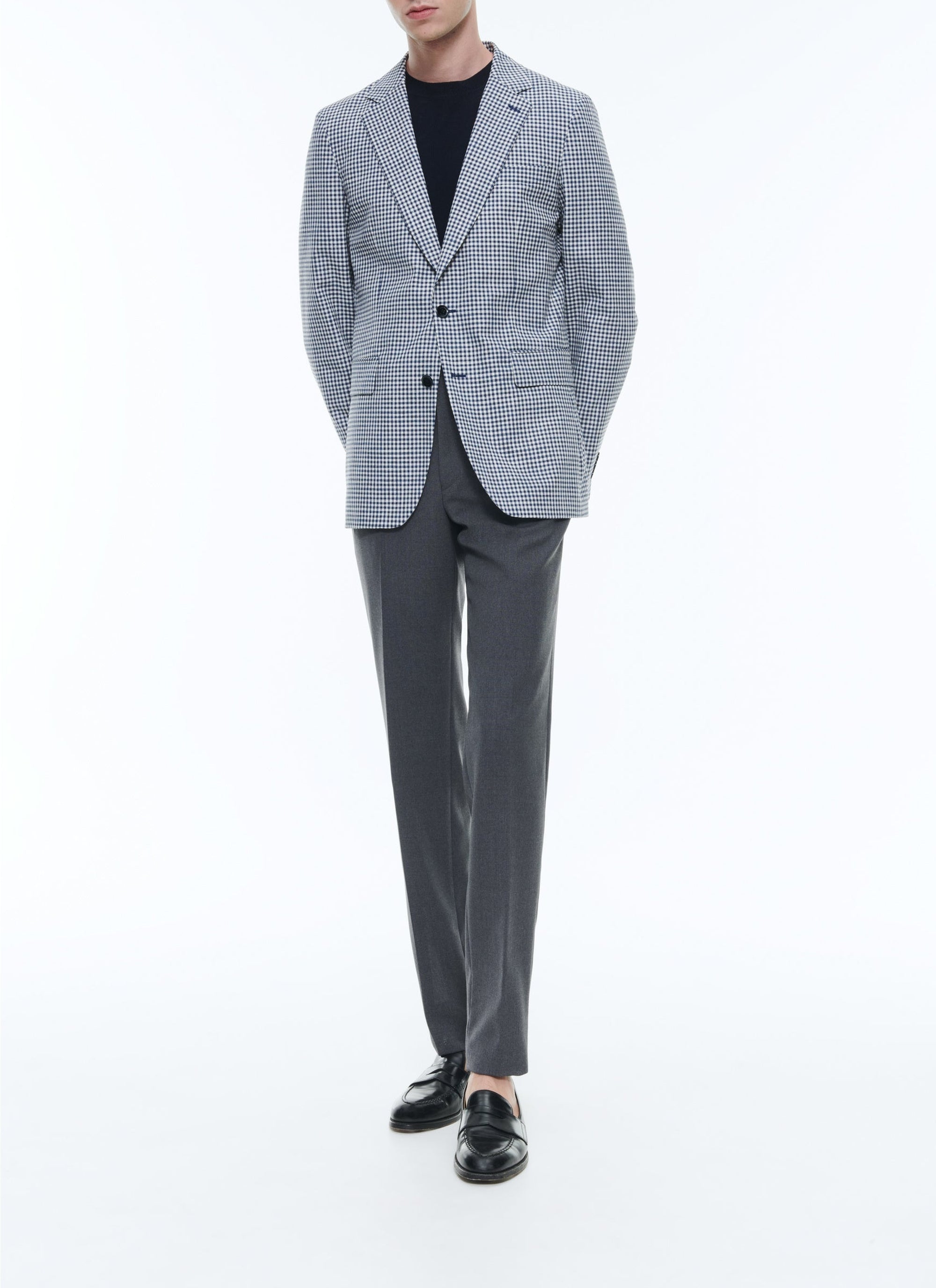 Veste droite à motif Vichy en laine - Bleu Nuit