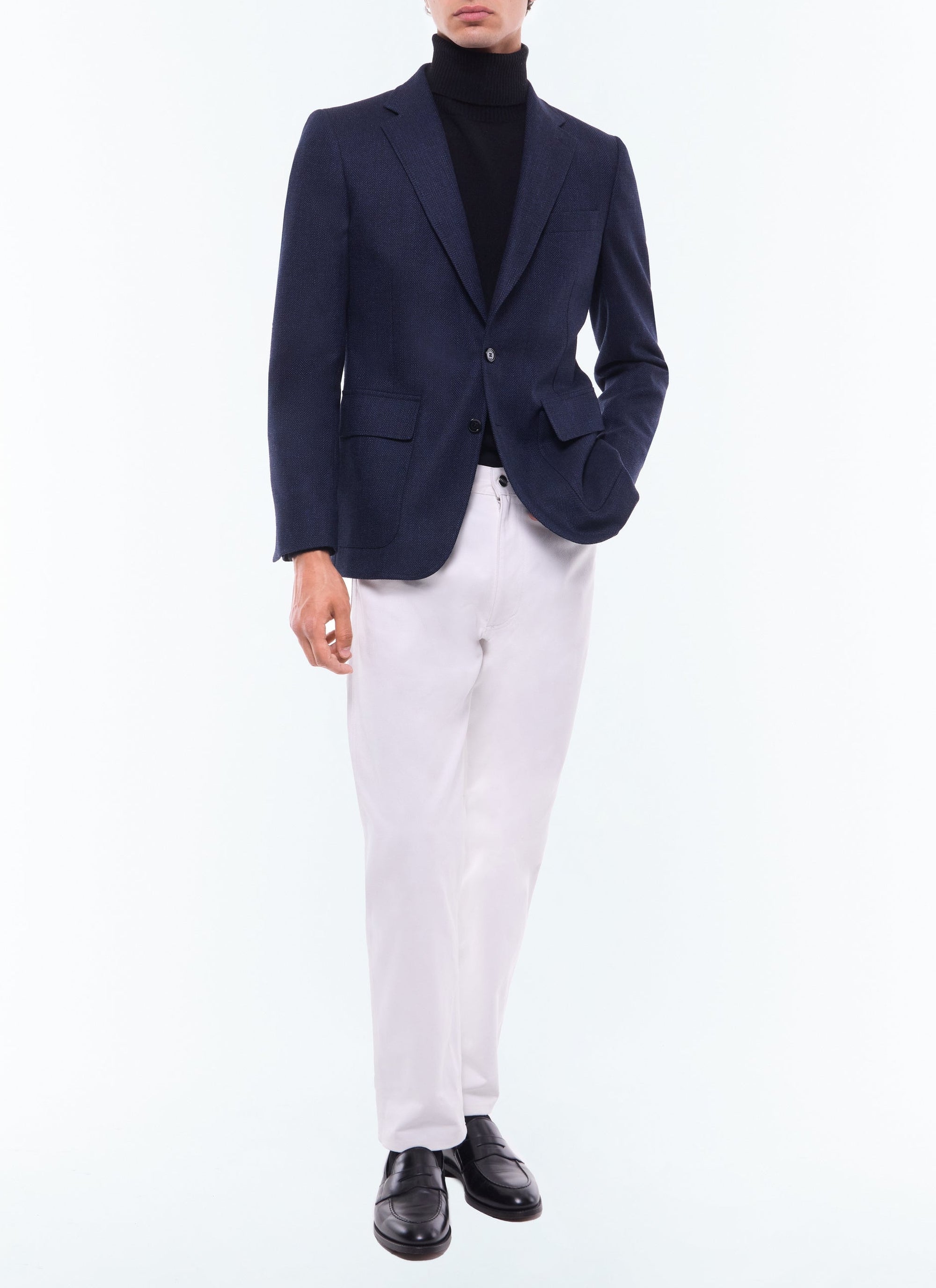 Veste droite à chevrons en laine mélangée - Bleu Marine