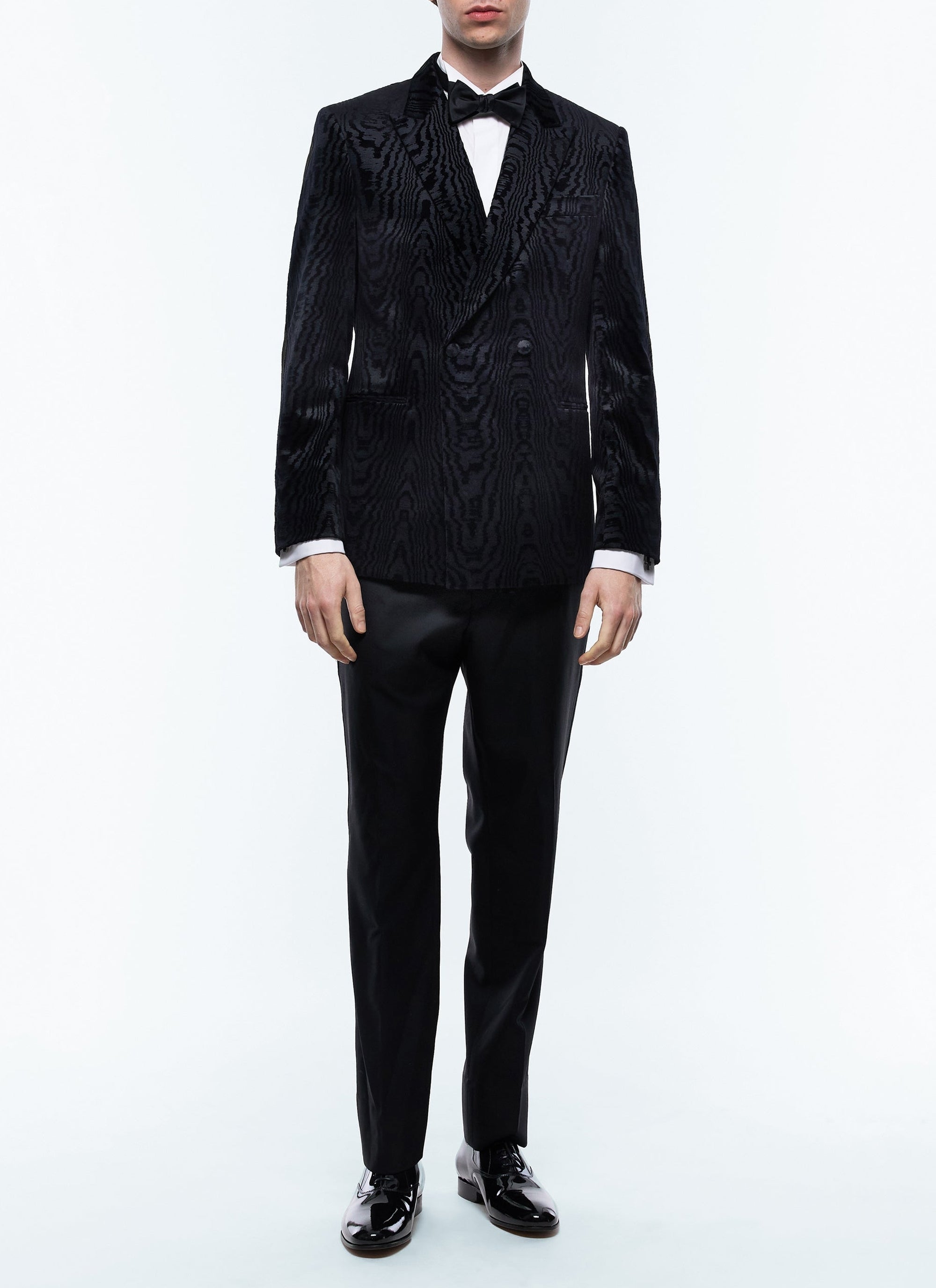 Veste de smoking croisée en velours à motif moiré - Noir