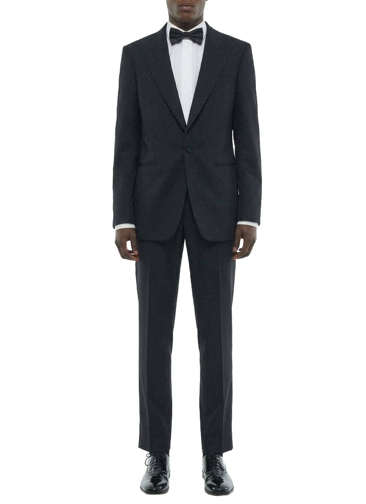 Fitted patterned wool-blend tuxedo jacket - Black