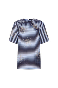 STRIPED WHITE AND BLUE EMBROIDERED TEE-SHIRT IN COTTON POPLIN