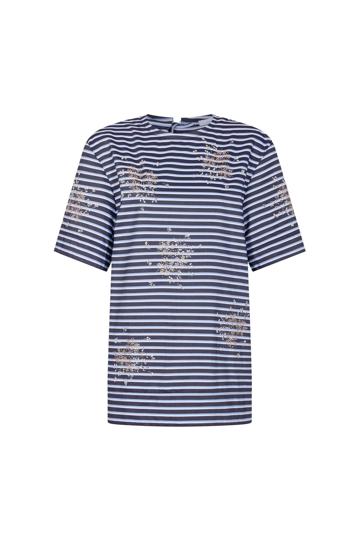STRIPED WHITE AND BLUE EMBROIDERED TEE-SHIRT IN COTTON POPLIN