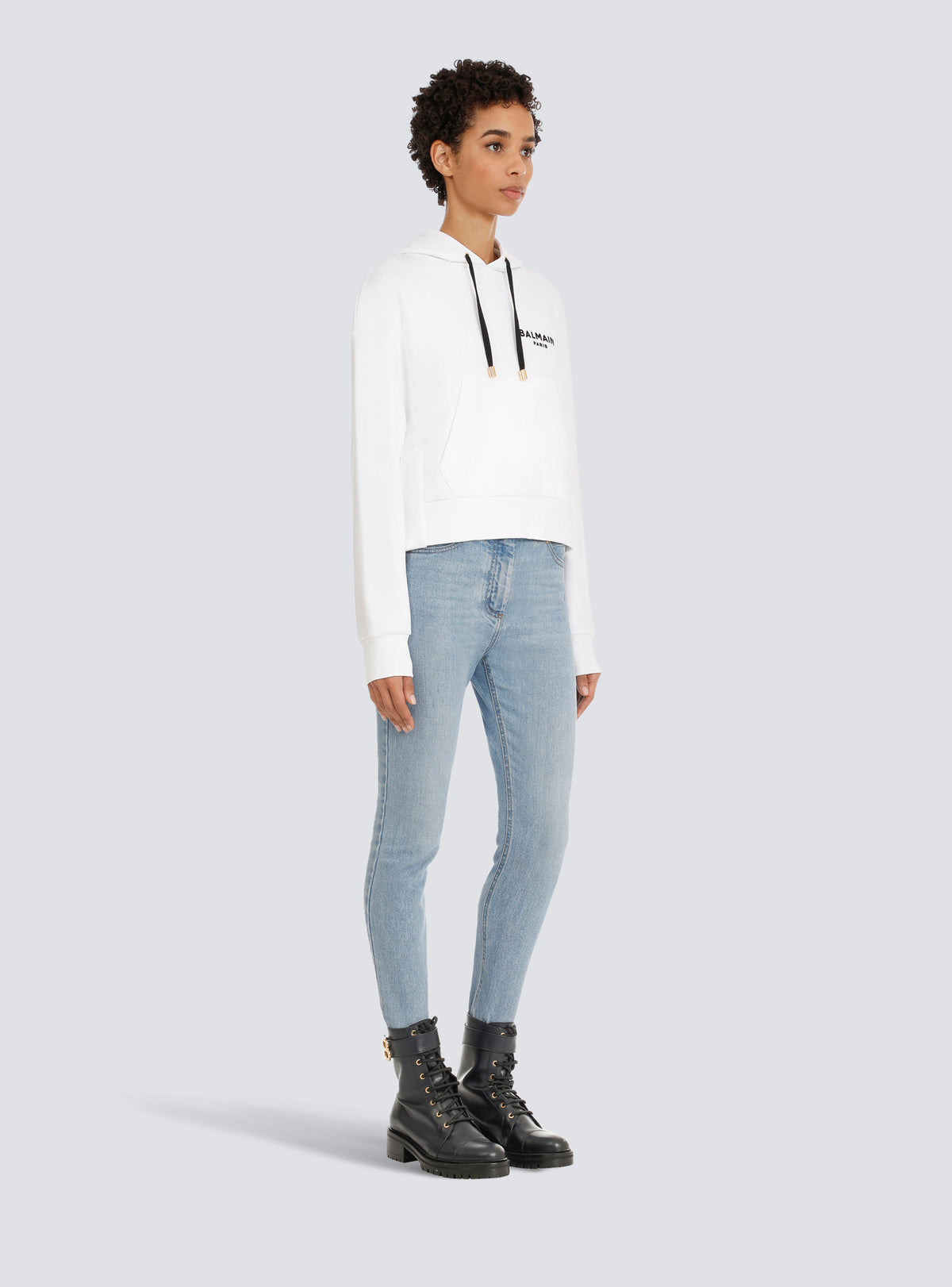 Sweat court en coton éco-design avec logo floqué balmain - Blanc & Noir