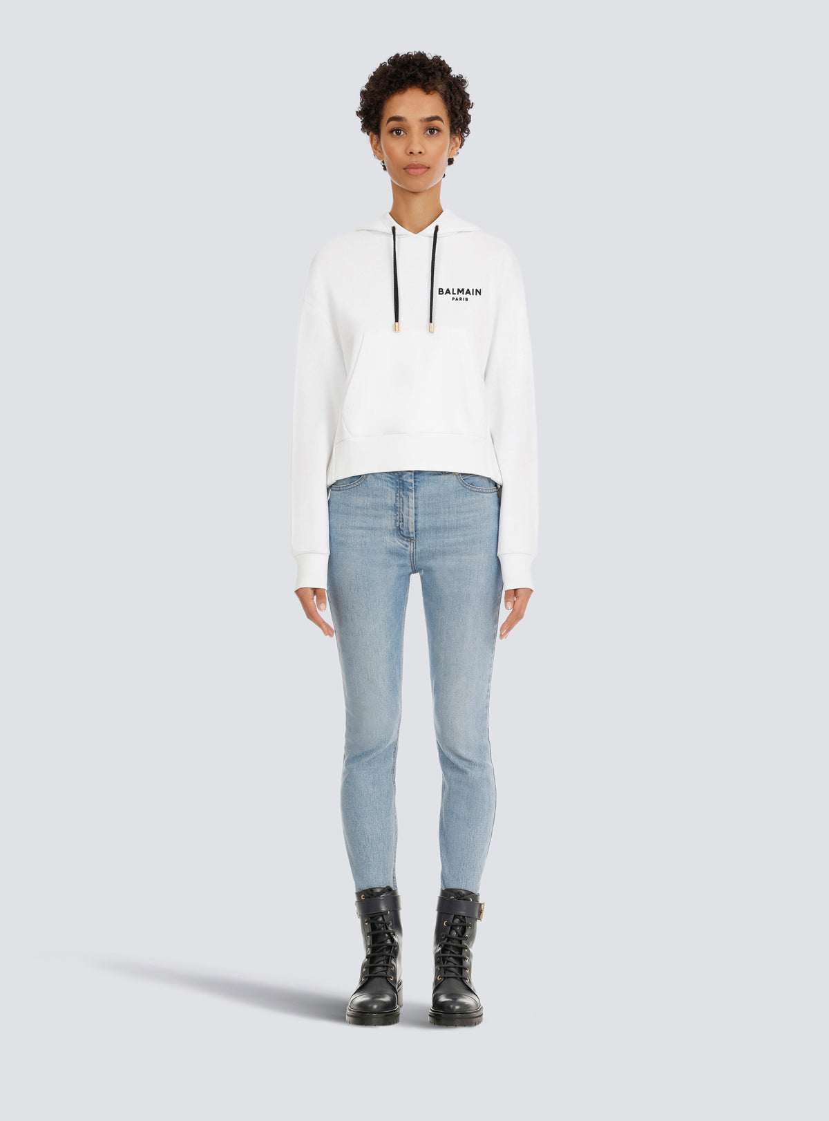 Sweat court en coton éco-design avec logo floqué balmain - Blanc & Noir