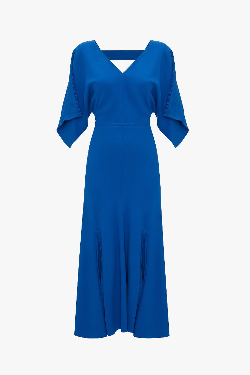 V-Nack Bias Godet Dress - Bright Blue