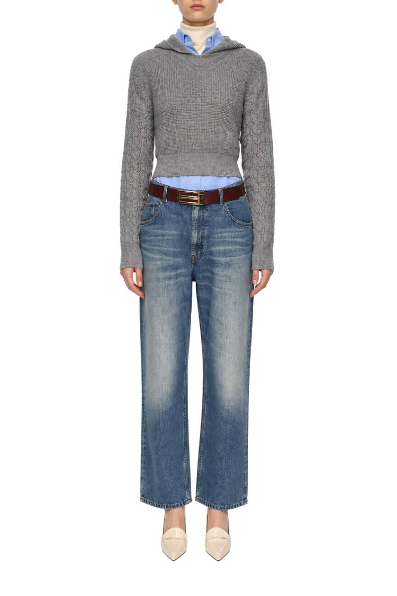 Hooded Pointelle Jumper - Grey Marl