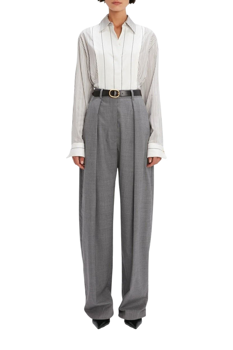 Wide Leg Pleated Trouser - Grey Melange