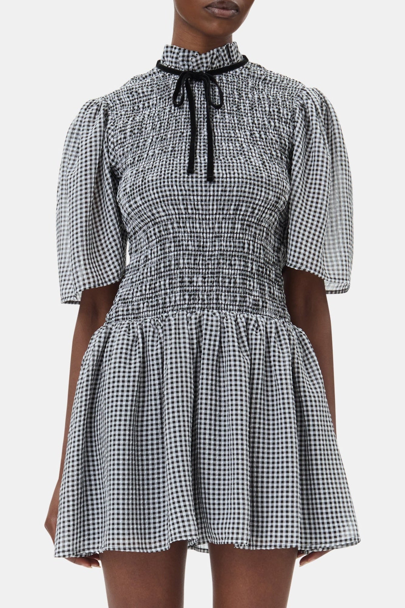 Robe courte smockée à carreaux - Black