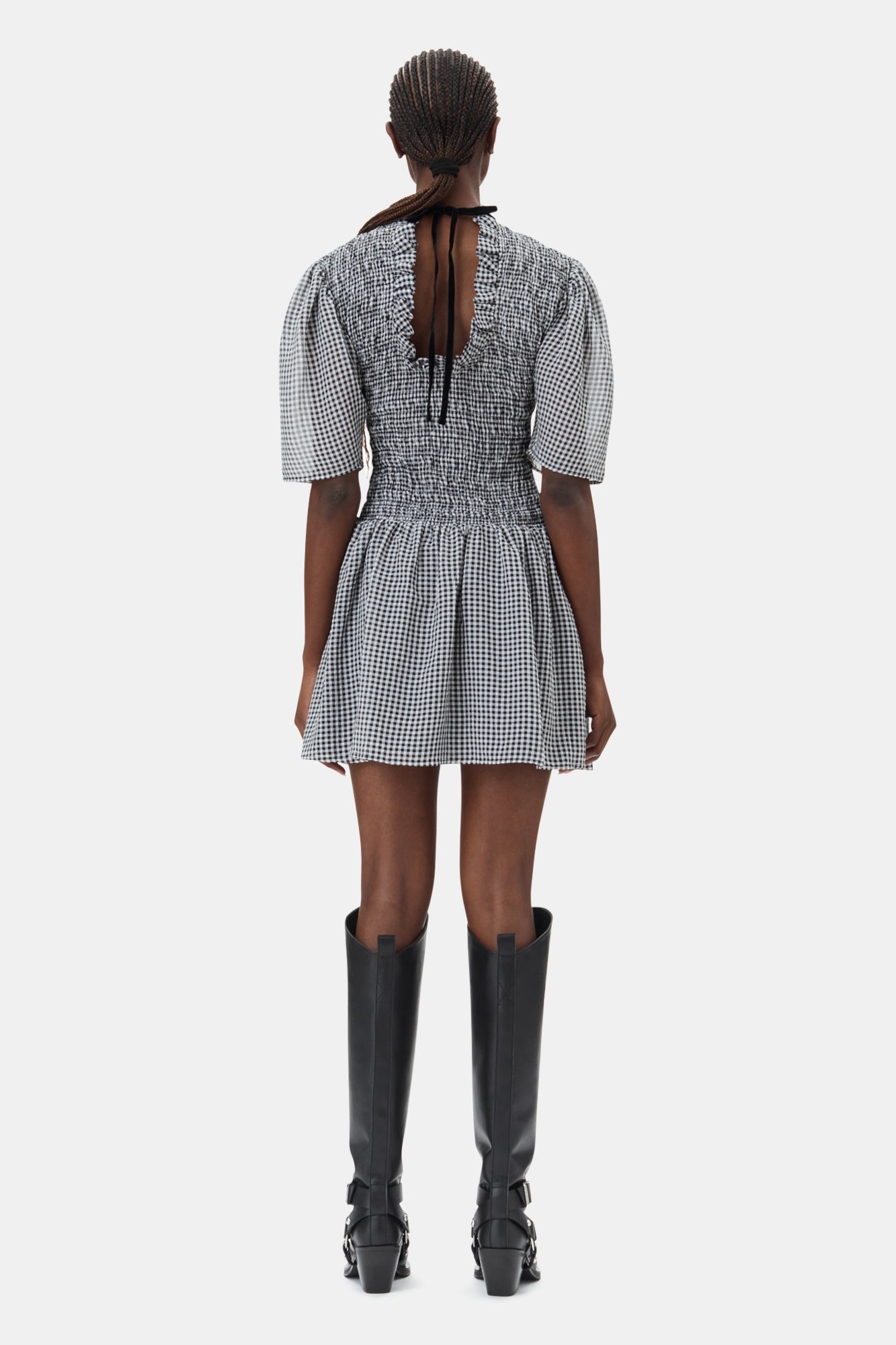 Robe courte smockée à carreaux - Black