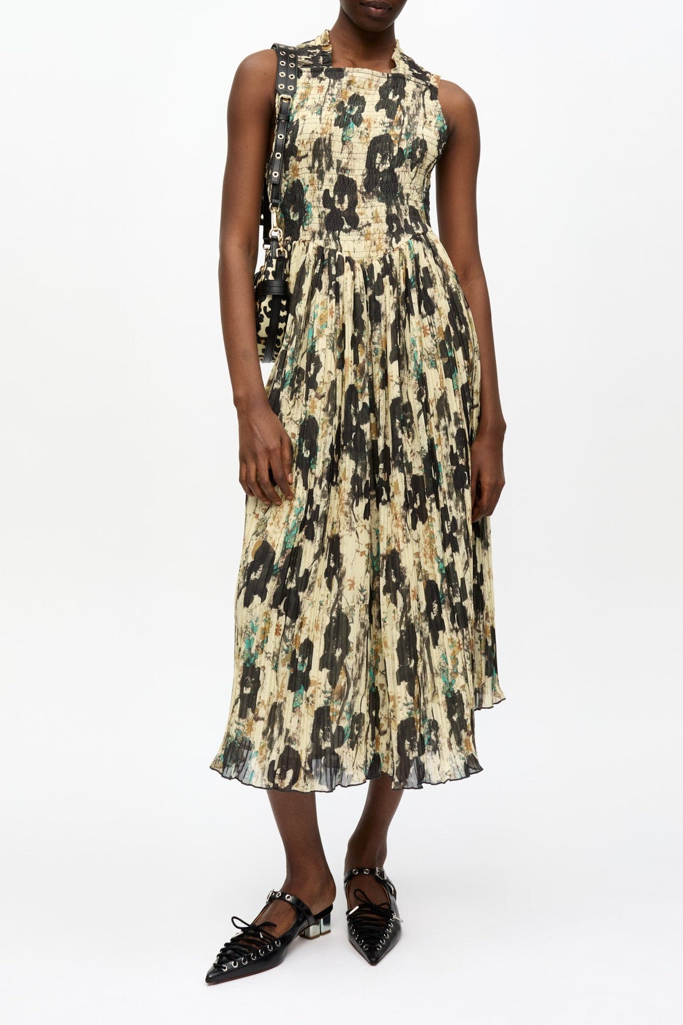 Robe midi à bretelles smockées, plissée et imprimée - Afterglow