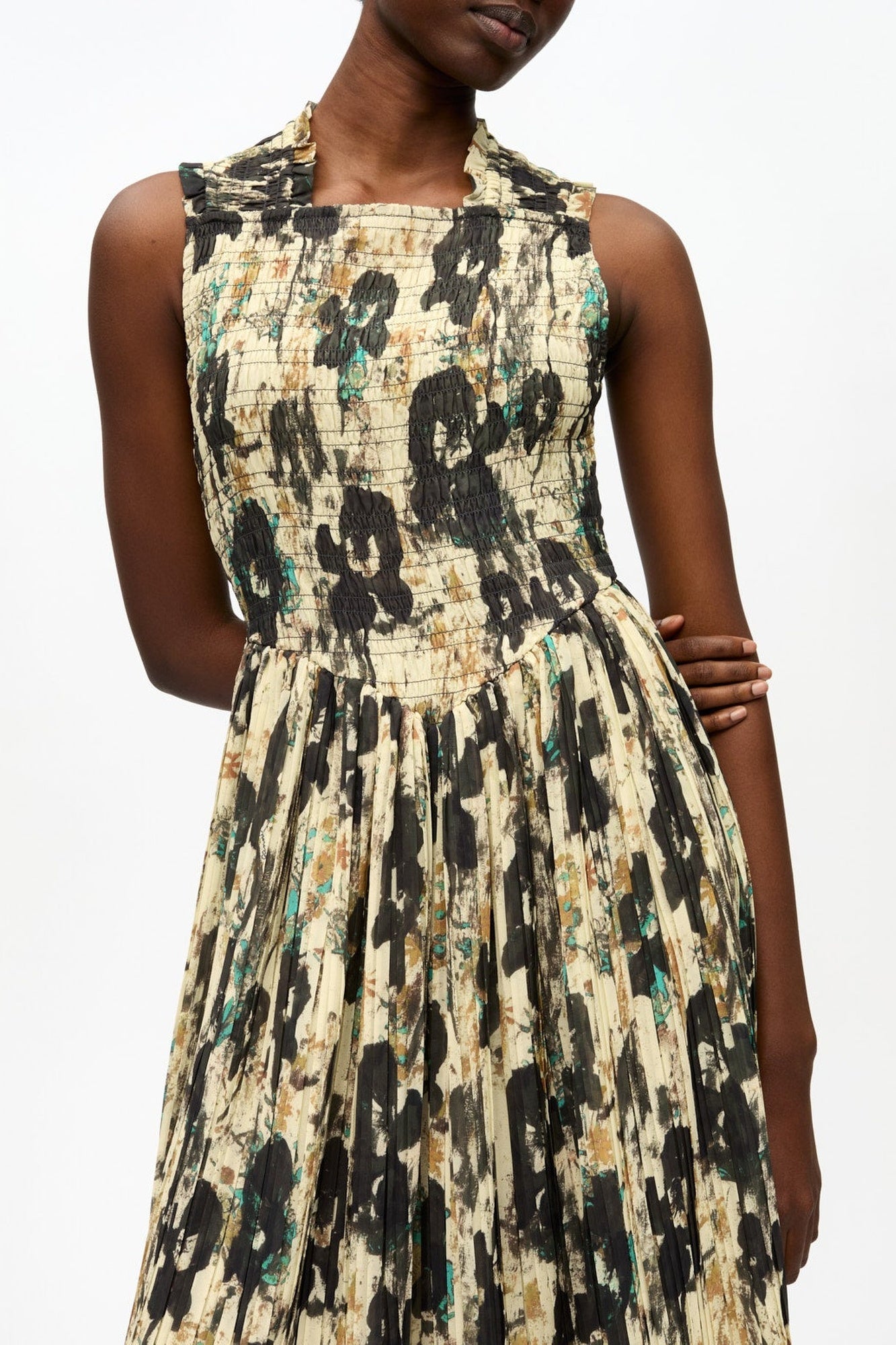 Robe midi à bretelles smockées, plissée et imprimée - Afterglow
