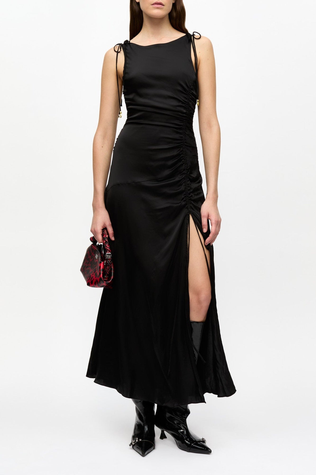 Gathered satin dress - Black