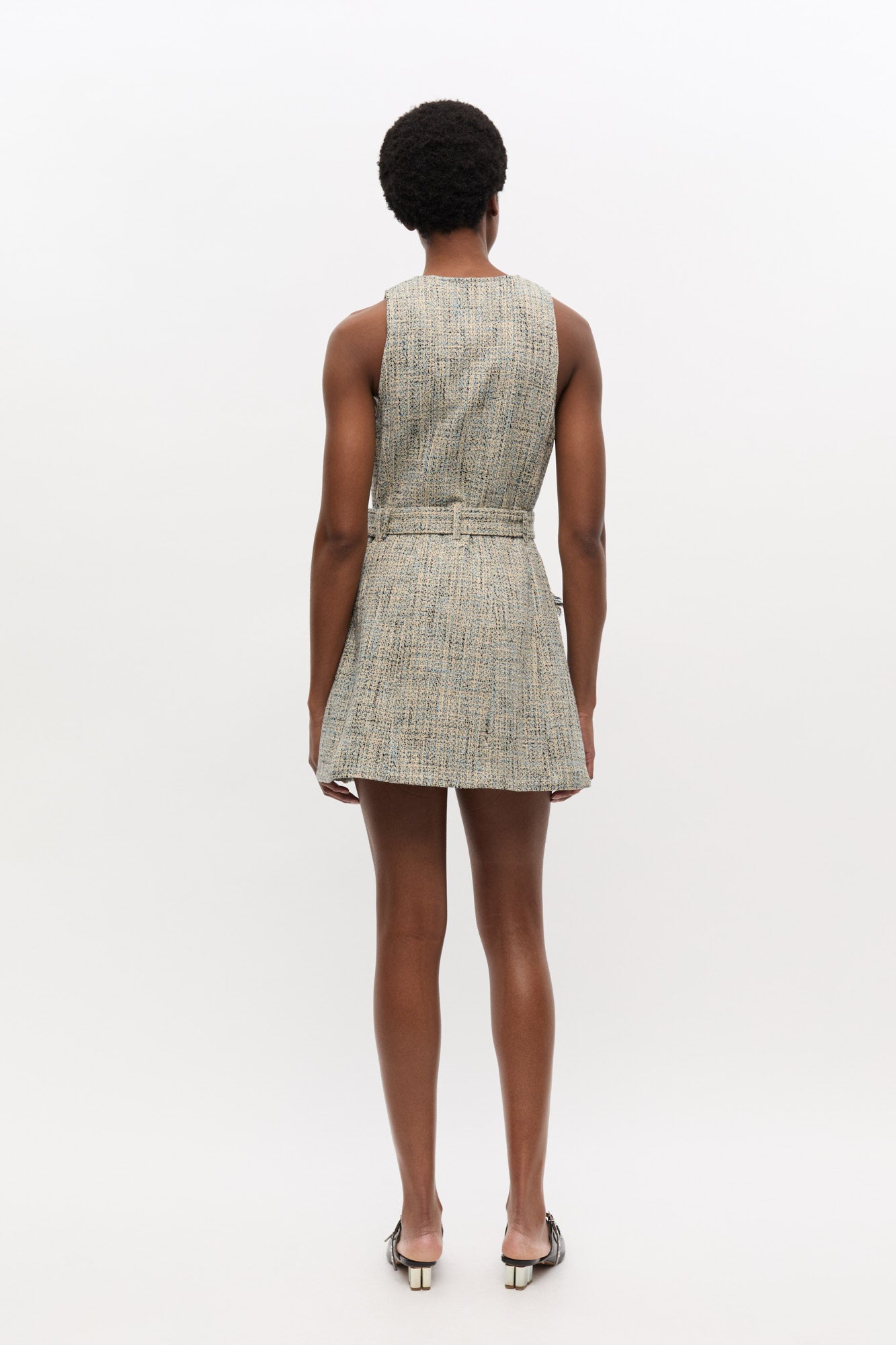 Robe courte ceinturée sans manches en tweed - Alaskan Blue