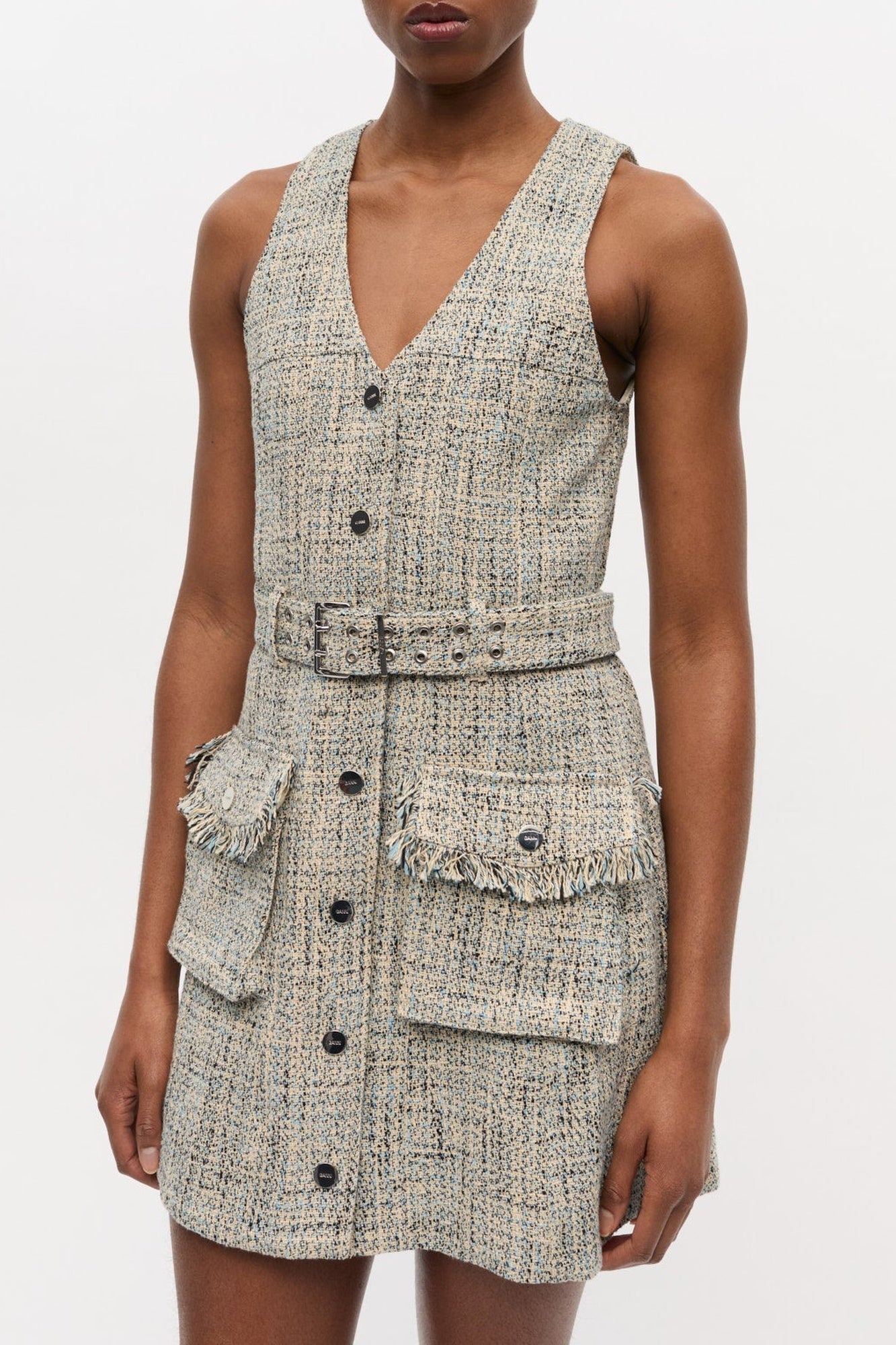Robe courte ceinturée sans manches en tweed - Alaskan Blue