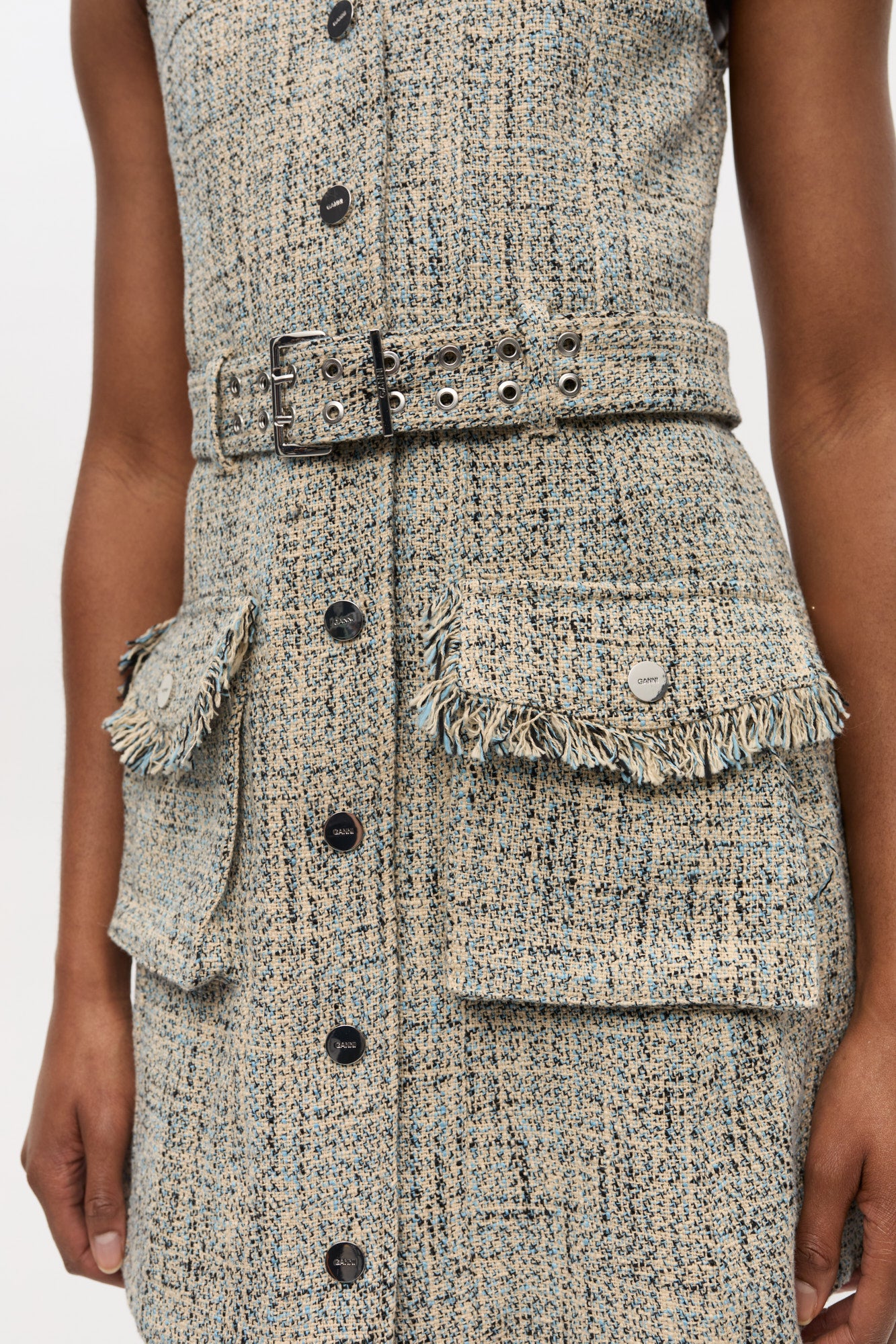 Robe courte ceinturée sans manches en tweed - Alaskan Blue