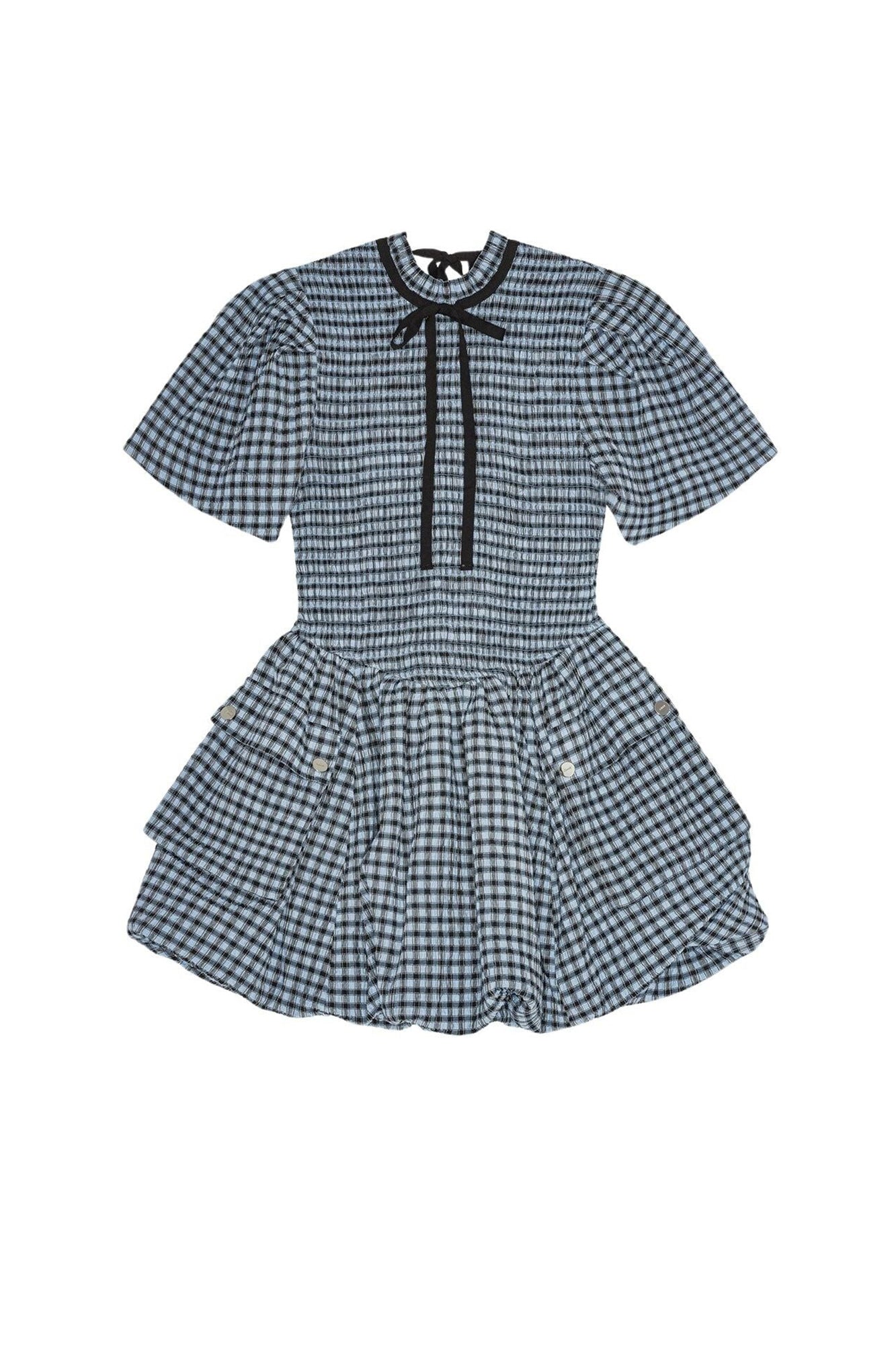 Robe courte smockée en seersucker à carreaux - Soft Chambray
