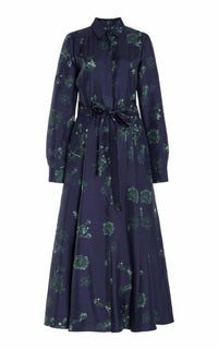 Dark Navy & Emerald Green / Robe-chemise Galway en soie - Dark Navy & Emerald Green