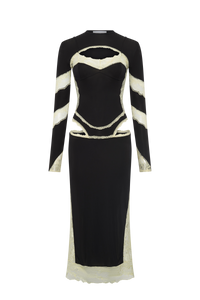 Draped Jersey & Lace Ls Long Dress - Noir