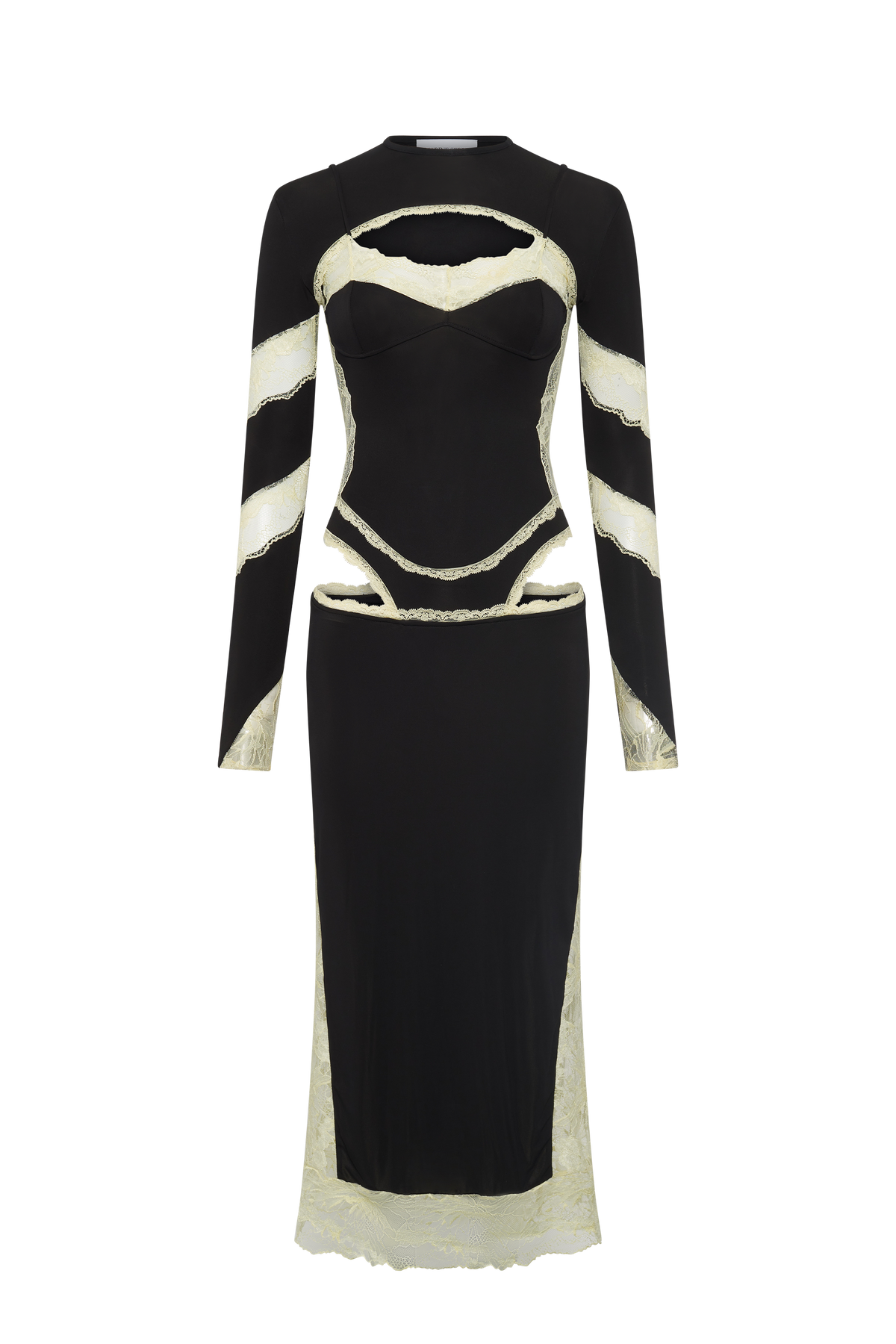 Draped Jersey & Lace Ls Long Dress - Noir