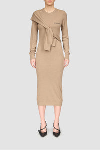 Hybrid Knit Wrapped Ls Midi Dress - Beige