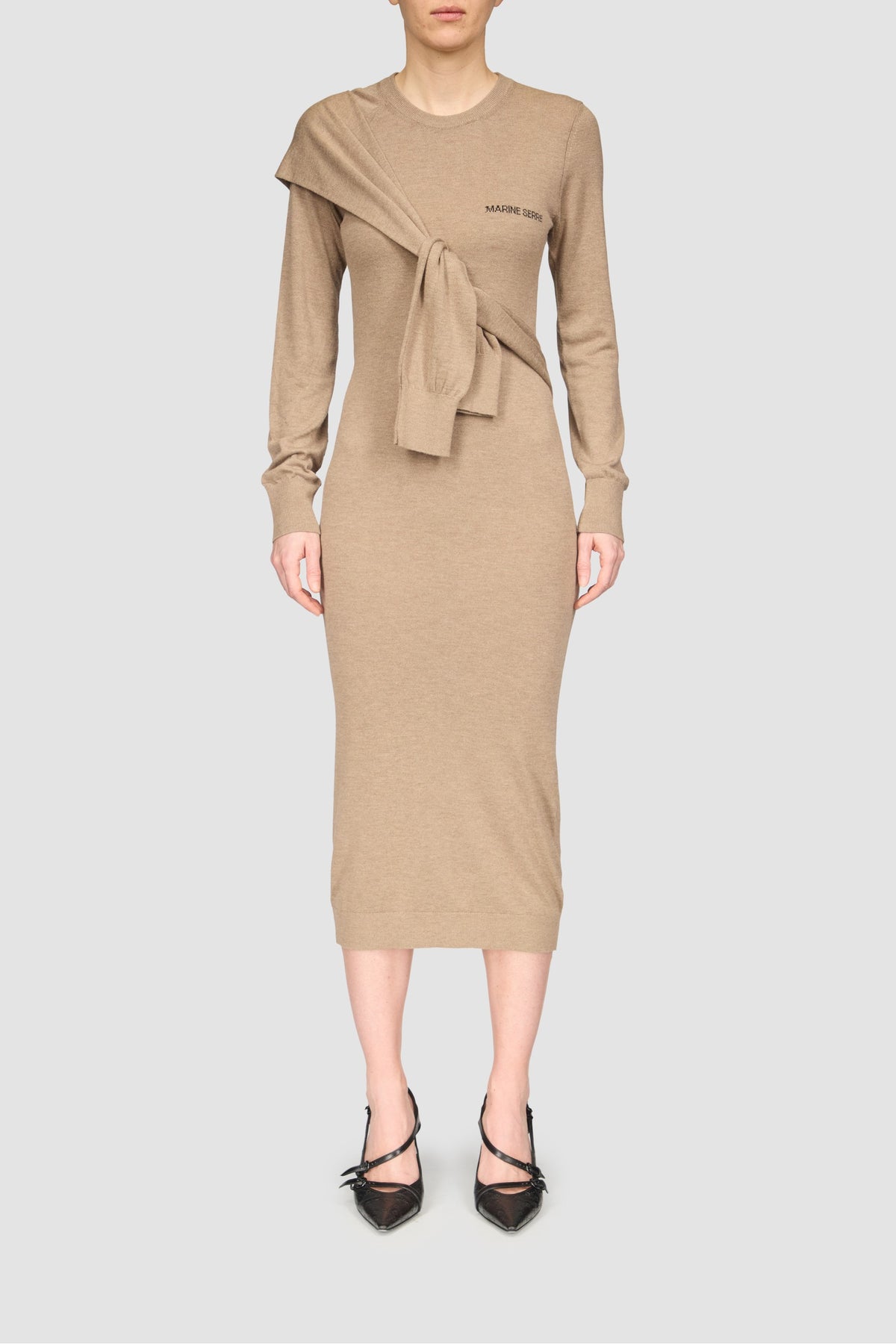 Hybrid Knit Wrapped Ls Midi Dress - Beige