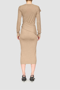 Hybrid Knit Wrapped Ls Midi Dress - Beige
