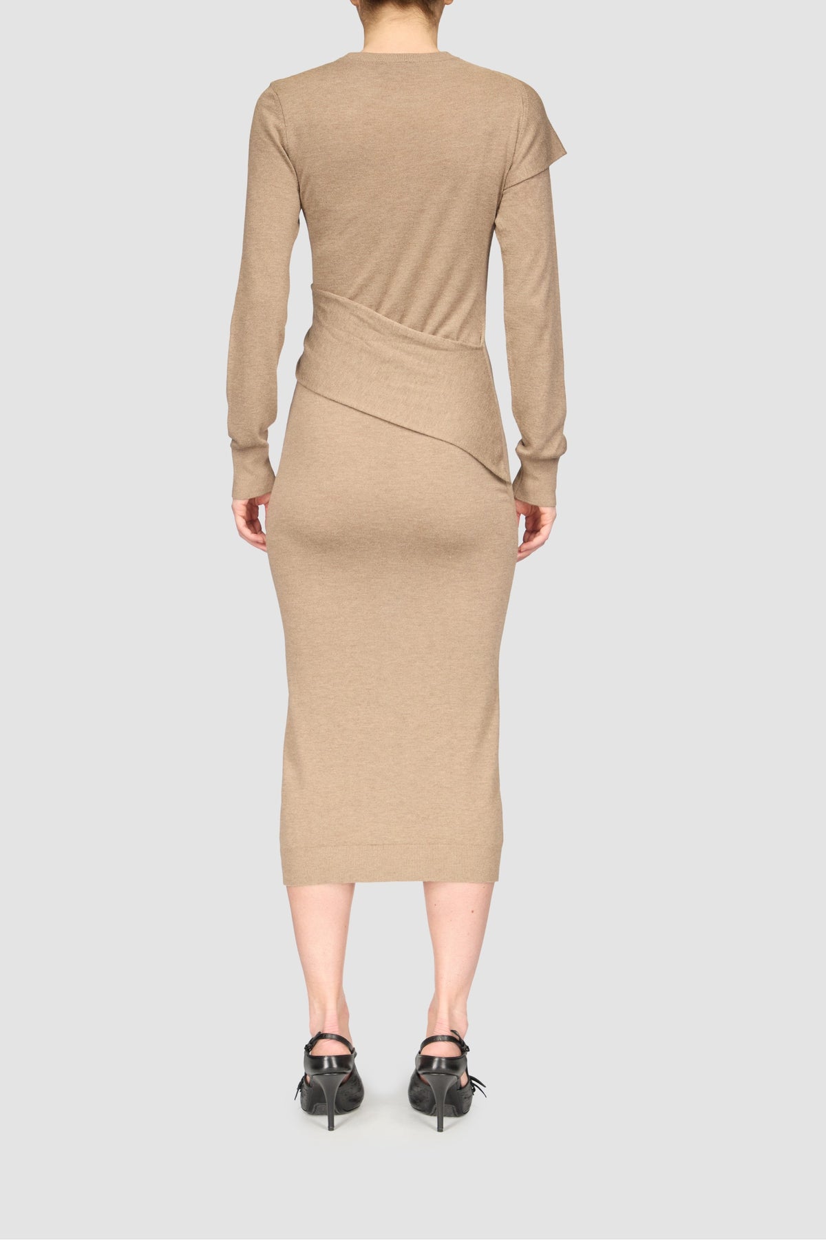 Hybrid Knit Wrapped Ls Midi Dress - Beige