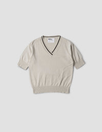T-shirt col V à liserés contrastés - Beige & White