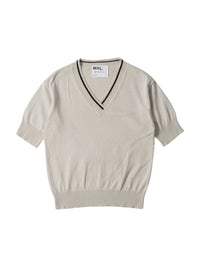 T-shirt col V à liserés contrastés - Beige & White