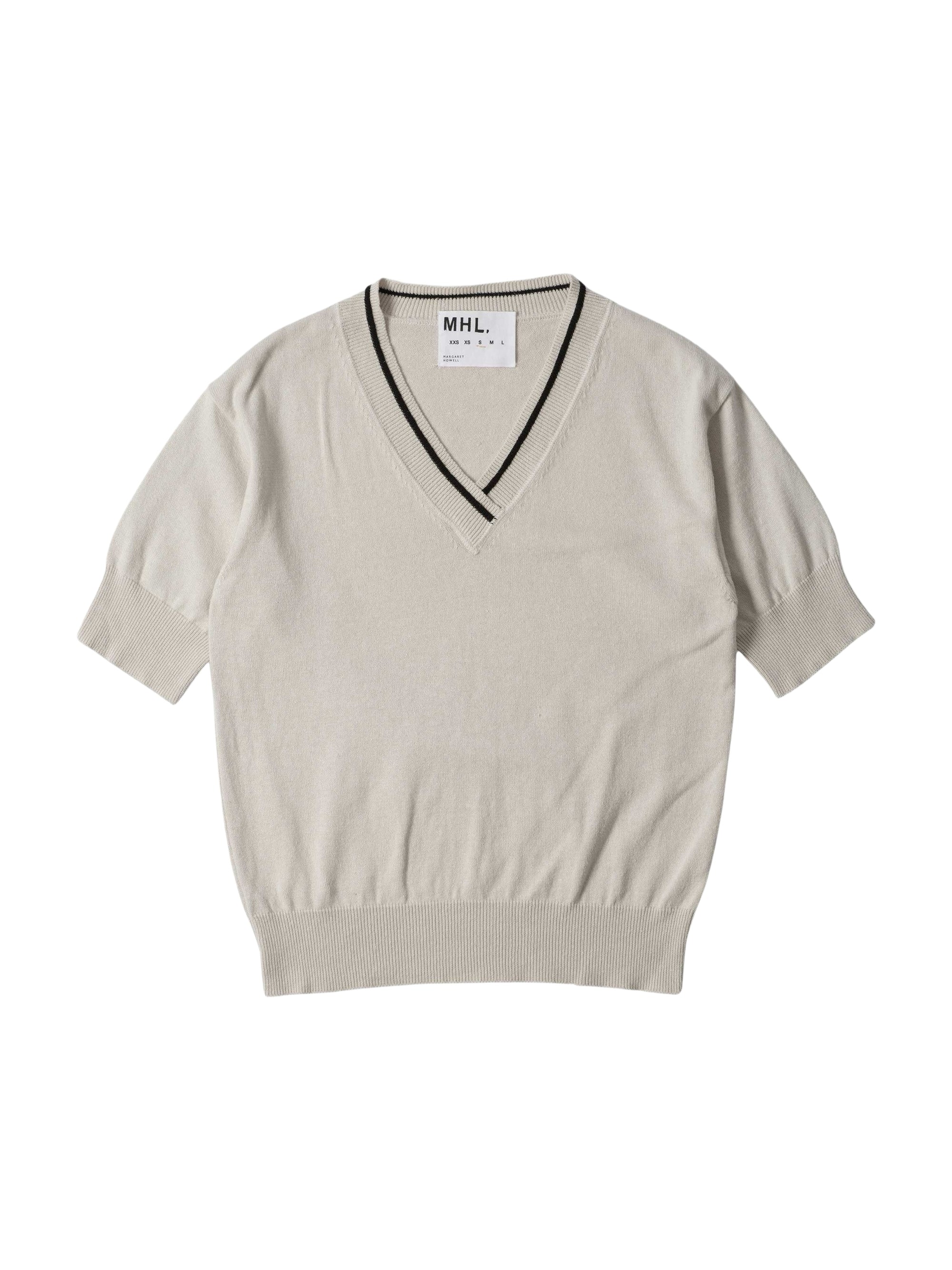 T-shirt col V à liserés contrastés - Beige & White