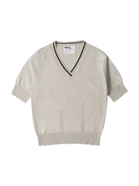 T-shirt col V à liserés contrastés - Beige & White