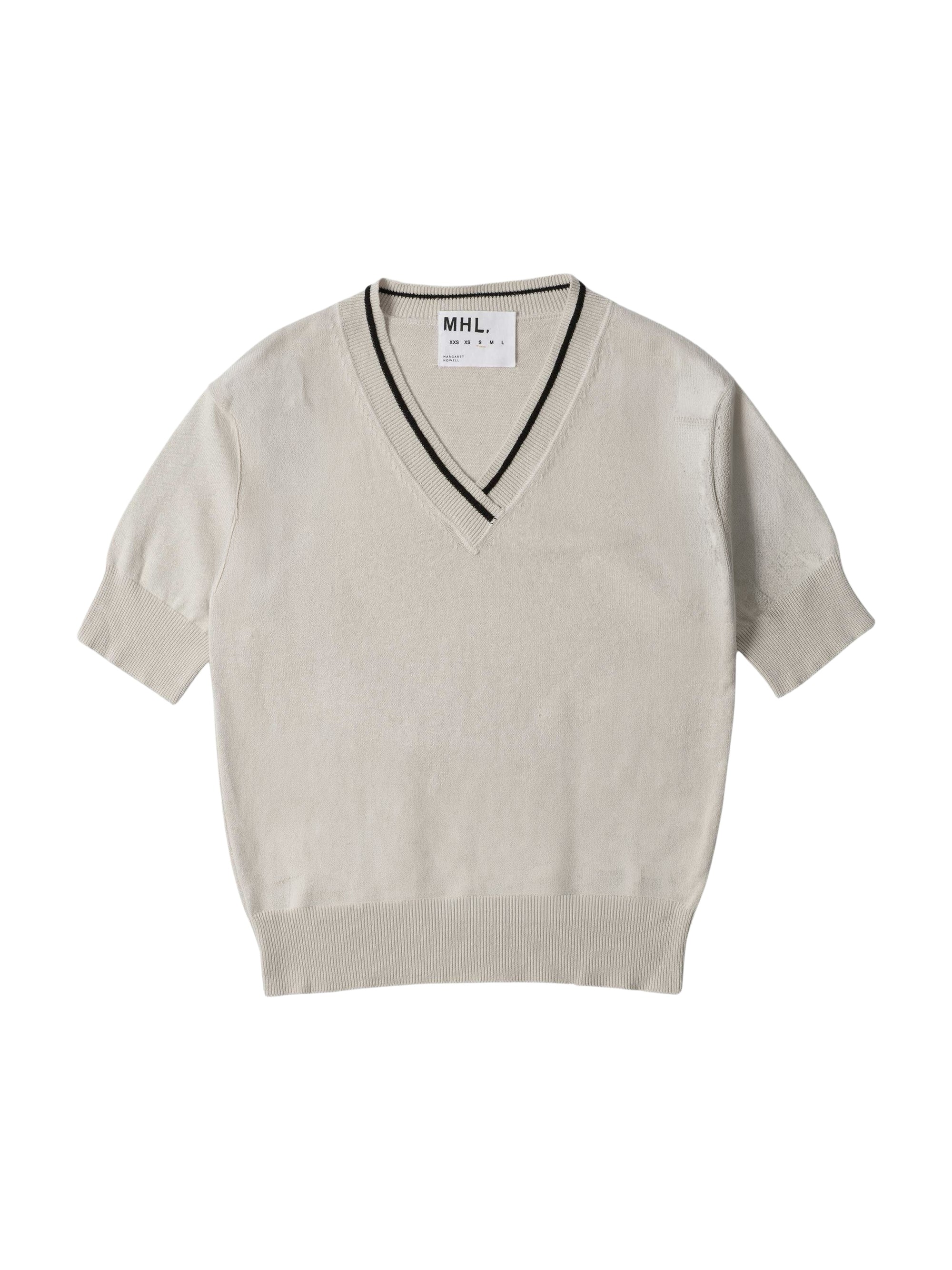 T-shirt col V à liserés contrastés - Beige & White