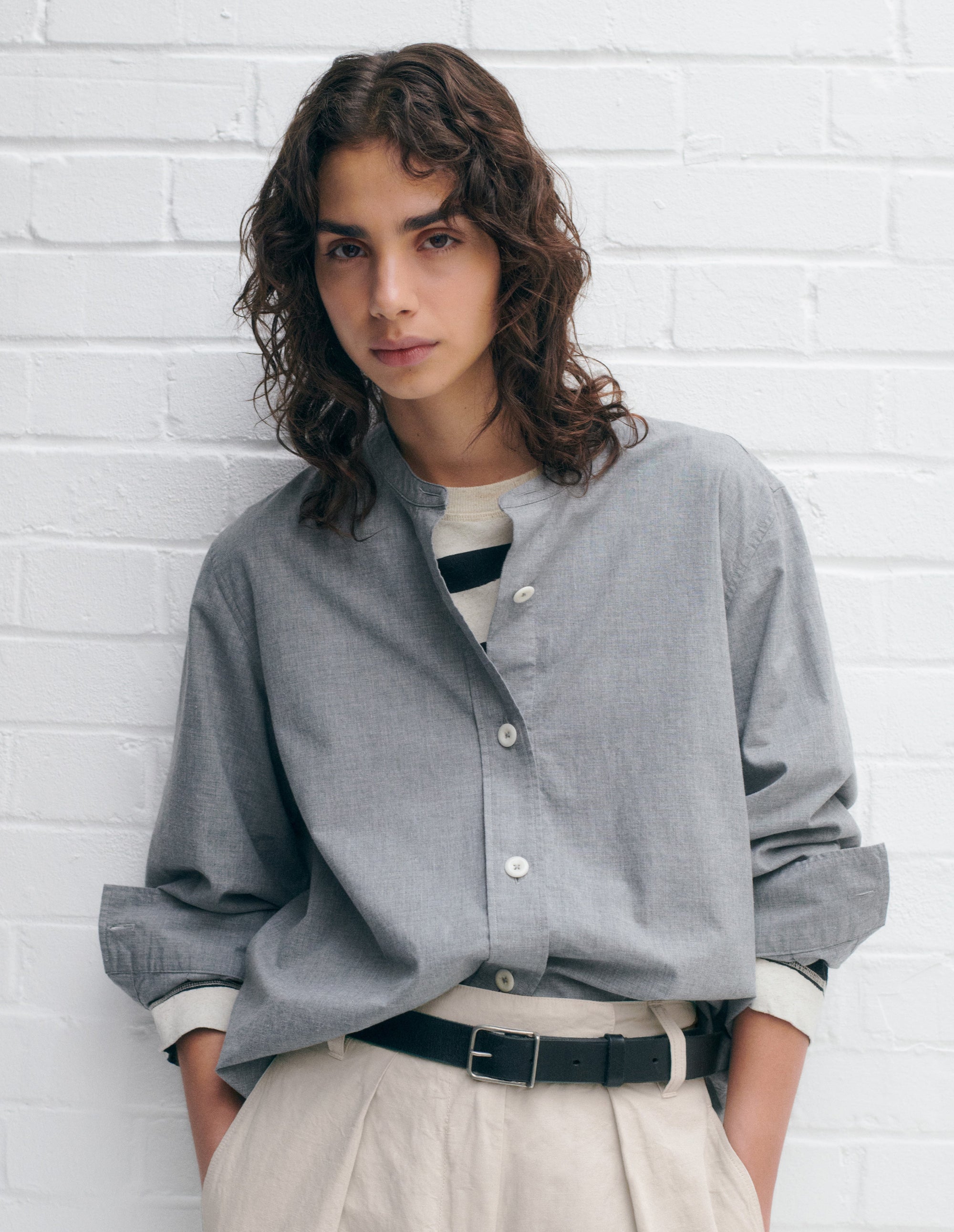 Chemise sans col boutonnée - Gray