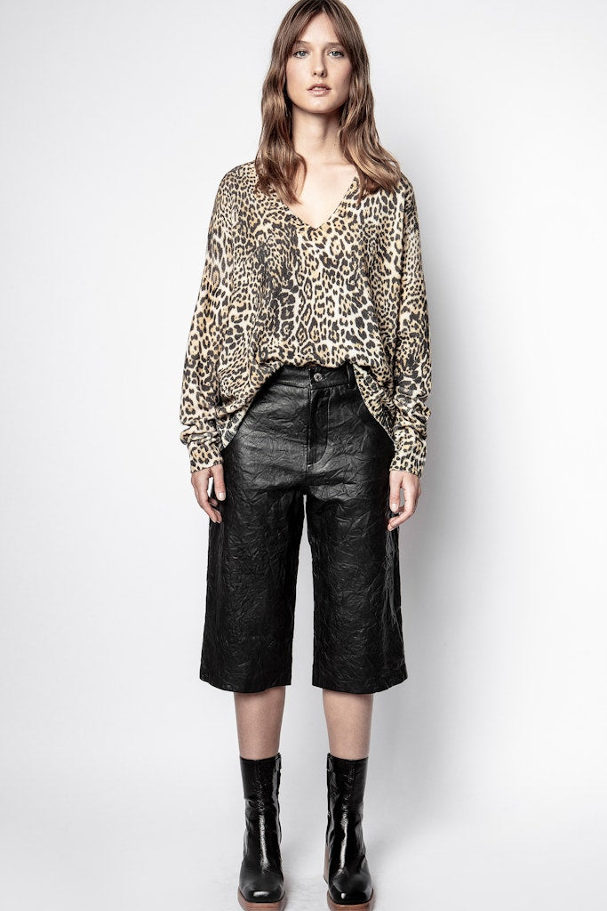 ZHORS LIGNE BLACK PETROL CRUMPLED LEATHER BERMUDA SHORTS