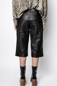 ZHORS LIGNE BLACK PETROL CRUMPLED LEATHER BERMUDA SHORTS