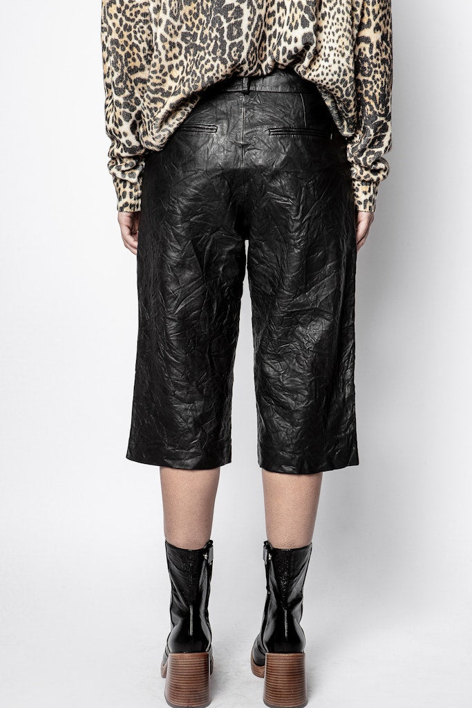 ZHORS LIGNE BLACK PETROL CRUMPLED LEATHER BERMUDA SHORTS