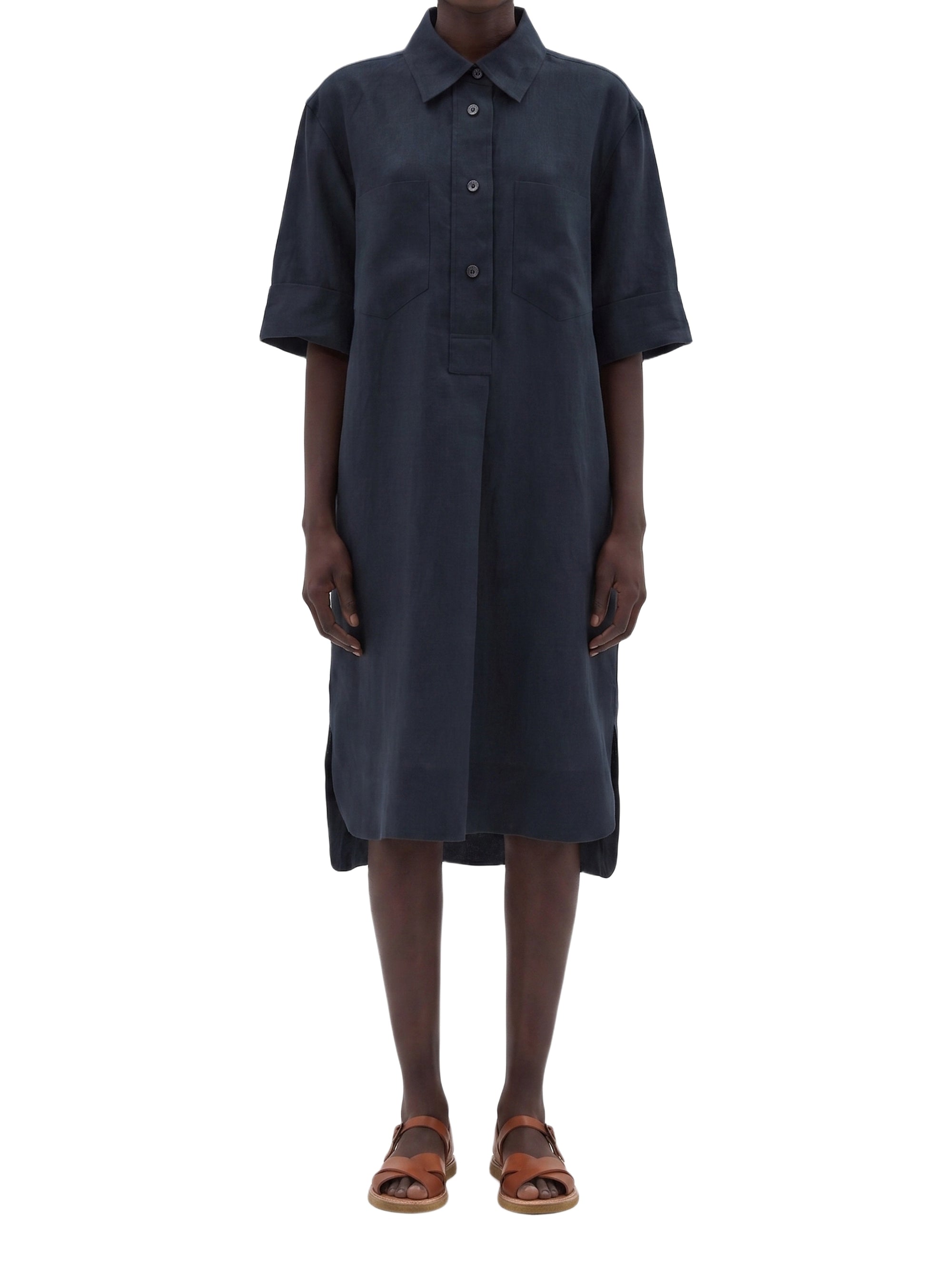 Robe-chemise manches courtes en lin - Navy