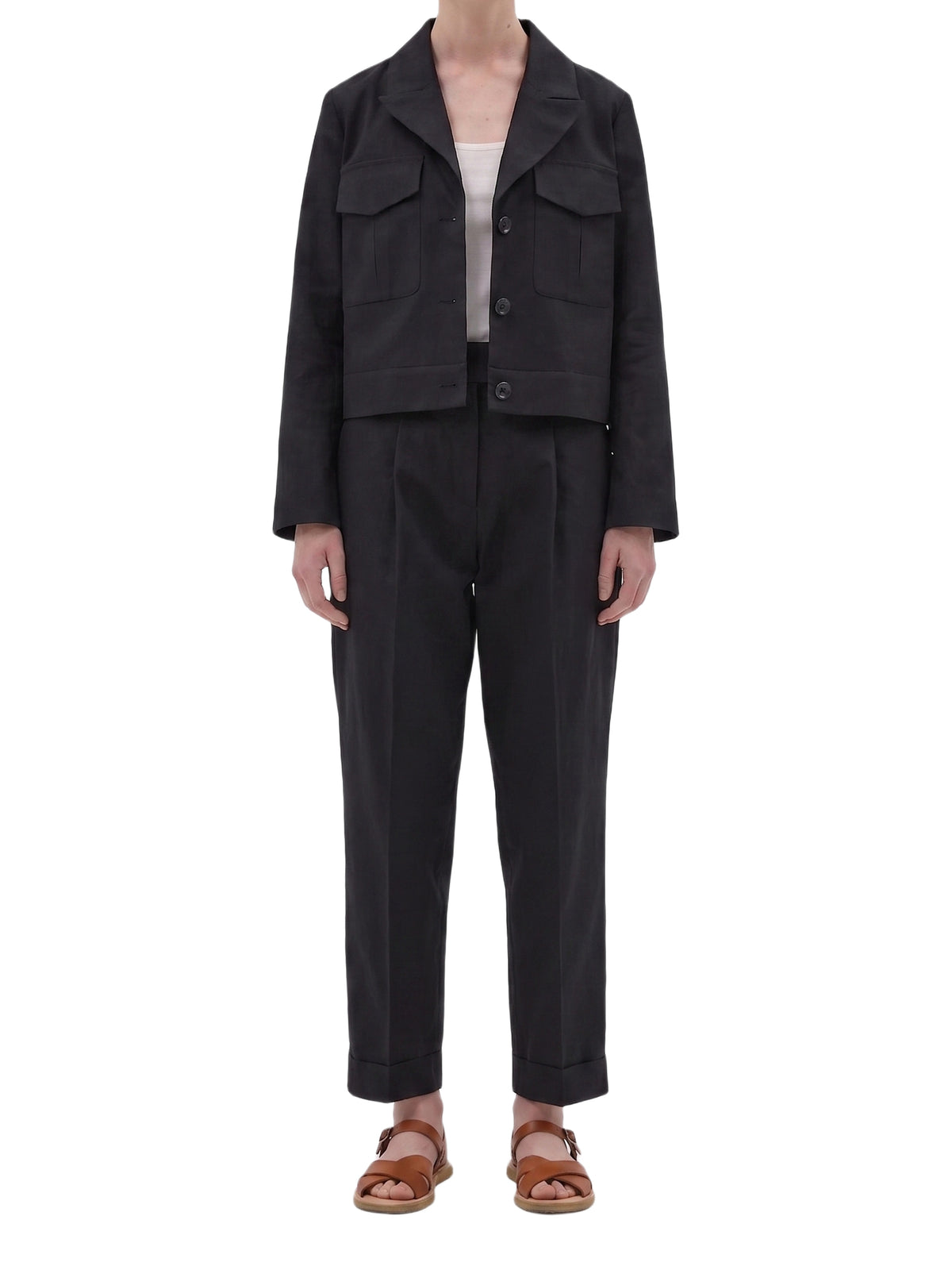 Veste droite courte en laine & lin - Black