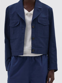 Veste droite courte en laine & lin - Blue