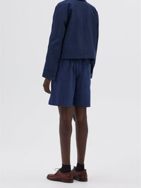 Veste droite courte en laine & lin - Blue
