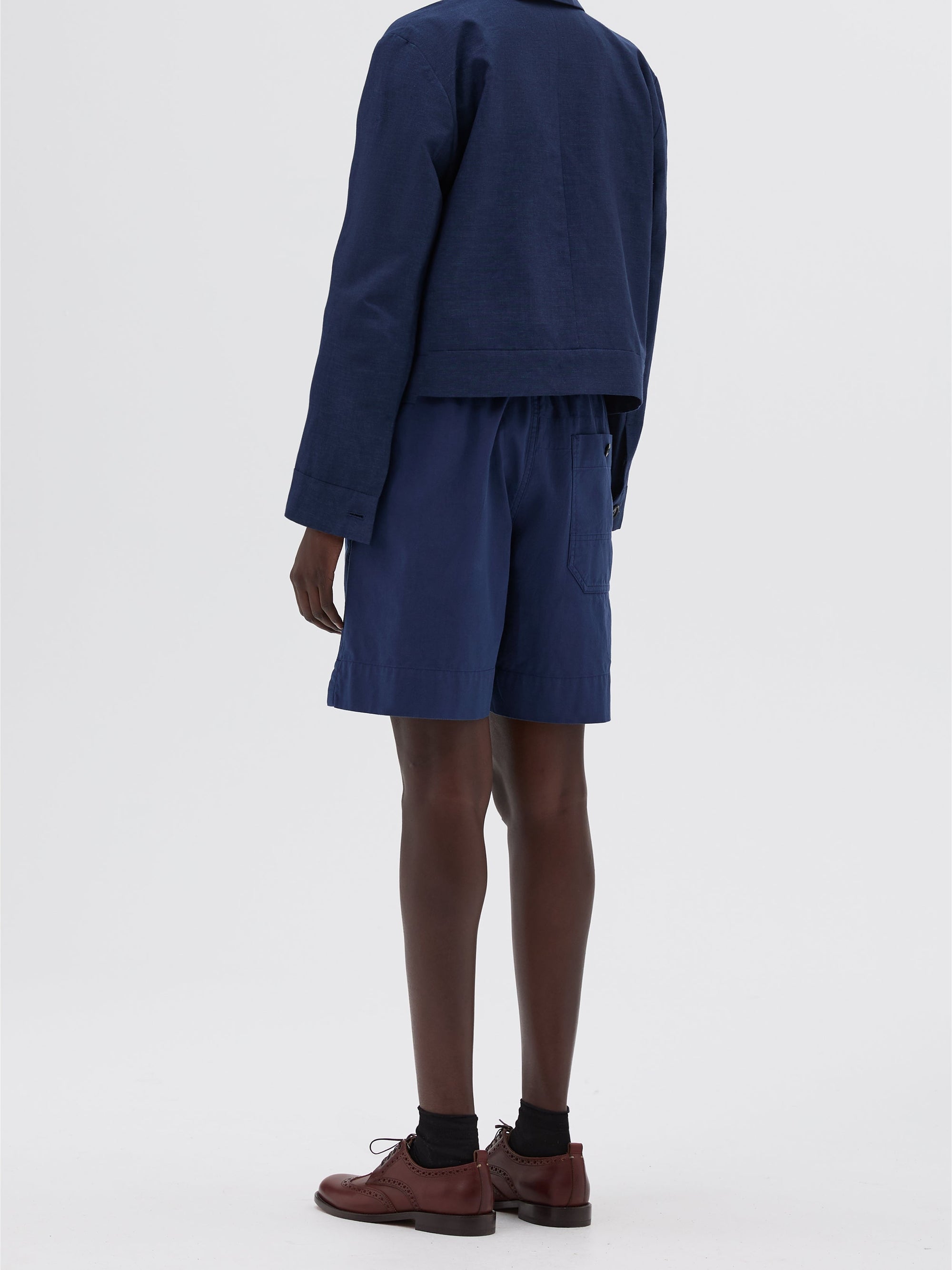 Veste droite courte en laine & lin - Blue