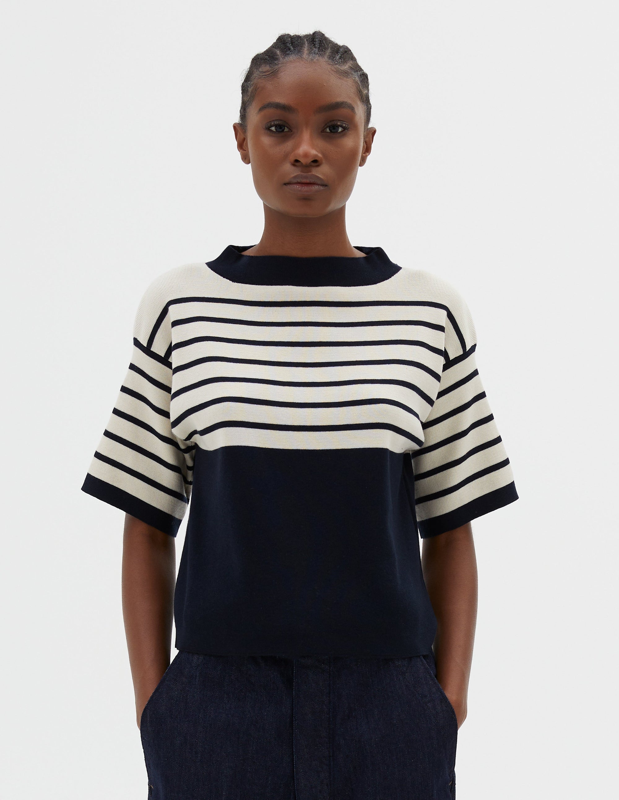 Pull breton à empiècement - Navy & Ecru