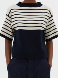 Pull breton à empiècement en cachemire mélangé - Navy & Ecru