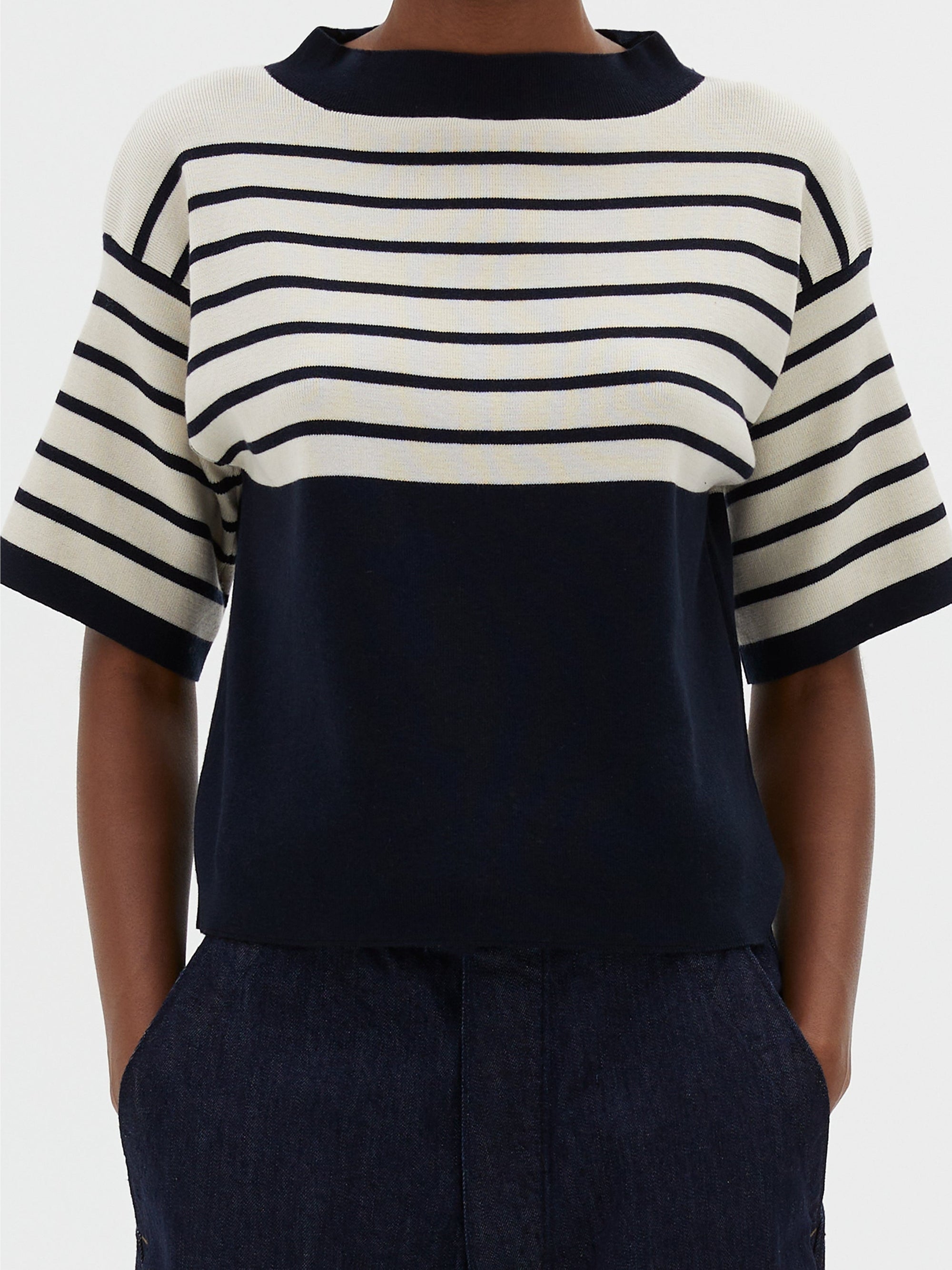 Pull breton à empiècement en cachemire mélangé - Navy & Ecru
