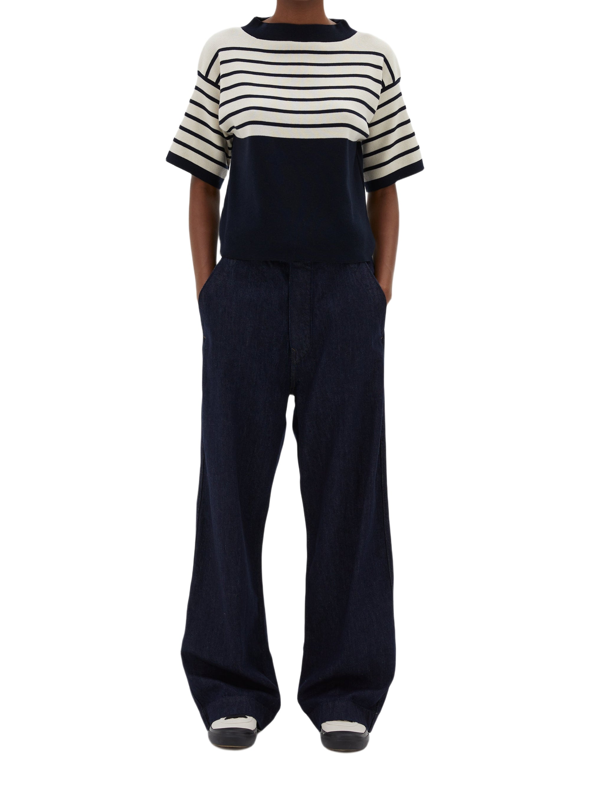 Pull breton à empiècement en cachemire mélangé - Navy & Ecru