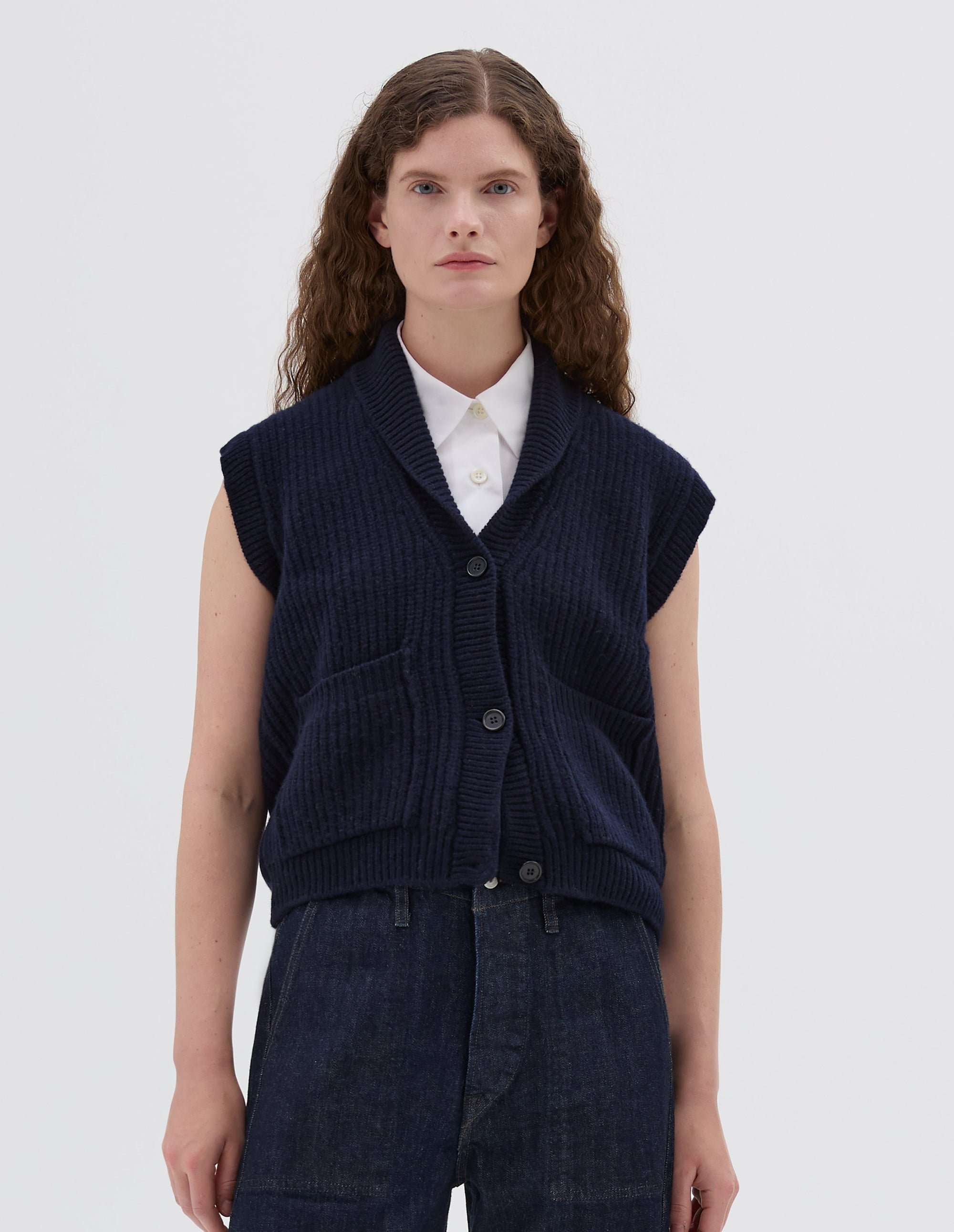 Gilet en côtes anglaises à col châle - Navy